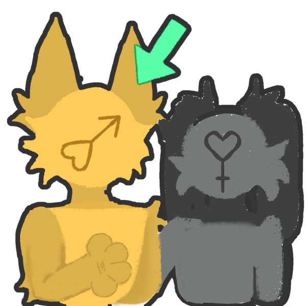 A yellow figure is on the left with anthro wolflike features, the male symbol is on their face made with a heart,  next to them is a greyed out anthro bunny figure. a green arrow is pointing to the yellow figure.